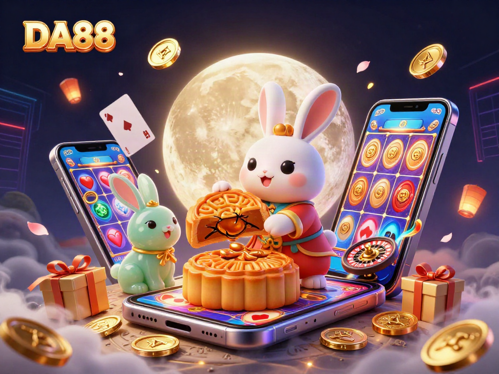 DA88 offers exciting gameplay with a lively moon rabbit character surrounded by dynamic casino elements.