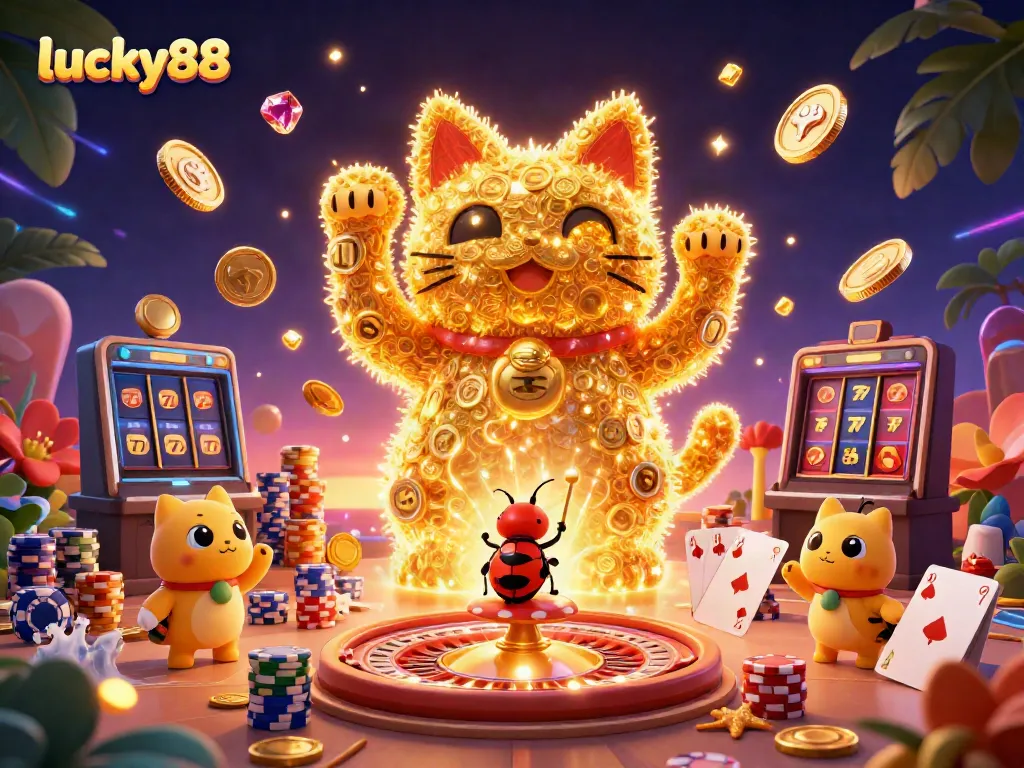 Experience the dynamic world of lucky88 with a vibrant 3D scene full of casino symbols and energy.