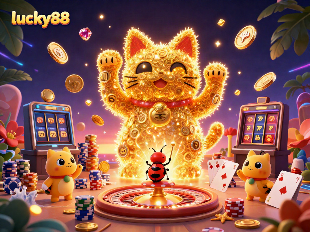 Experience the dynamic world of lucky88 with a vibrant 3D scene full of casino symbols and energy.