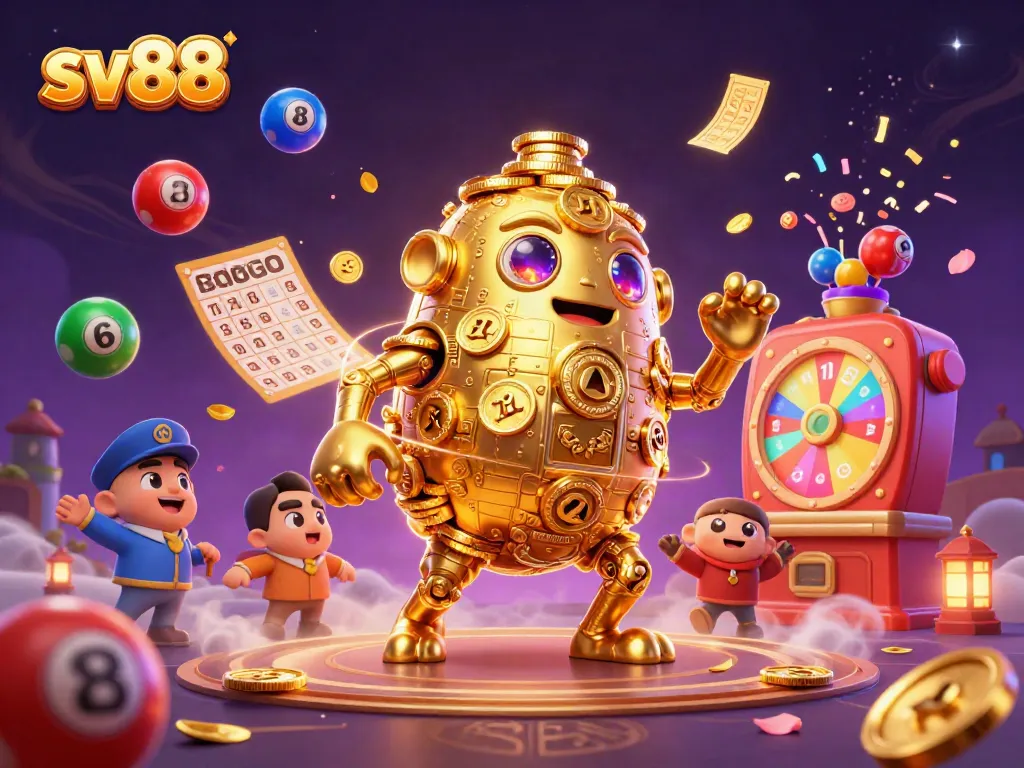 Experience vibrant winning moments at sv88 with a dynamic casino scene featuring a golden golem and lively game elements.