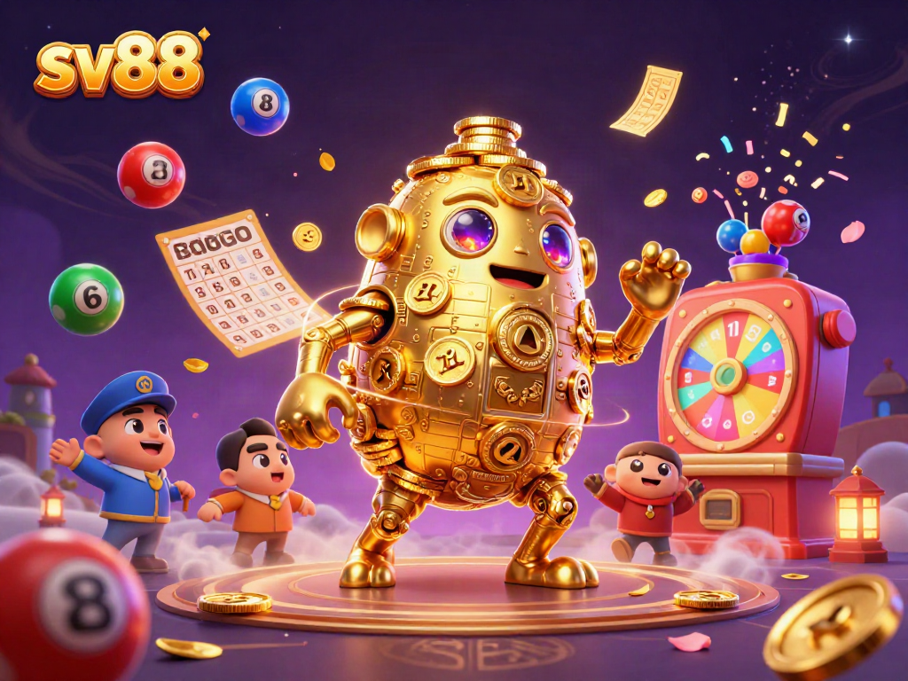 Experience vibrant winning moments at sv88 with a dynamic casino scene featuring a golden golem and lively game elements.