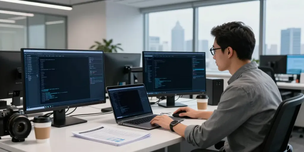 Experte für Cybersecurity analysiert Daten in moderner Büroumgebung, Cybersecurity-Software auf mehreren Bildschirmen sichtbar, Cybersecurity Frankfurt.
