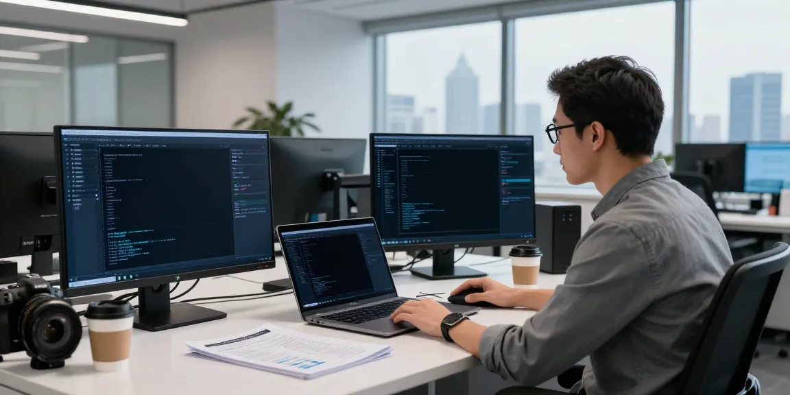 Experte für Cybersecurity analysiert Daten in moderner Büroumgebung, Cybersecurity-Software auf mehreren Bildschirmen sichtbar, Cybersecurity Frankfurt.