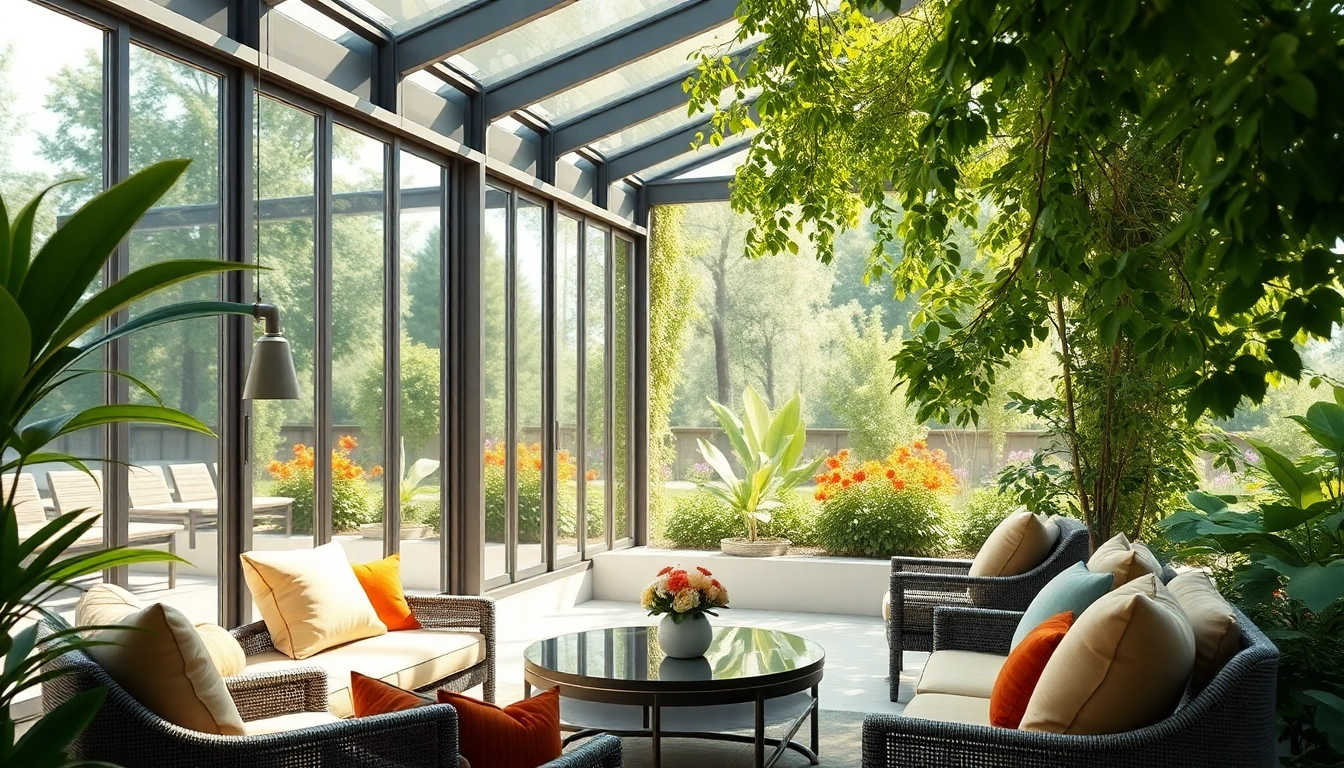 Wintergarten mit eleganter Einrichtung und Blick auf einen bluehenden Garten.