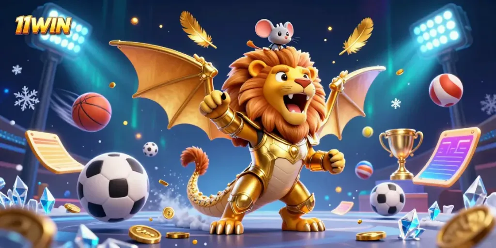 Bettors engage with 11WIN's dynamic sports environment filled with excitement and golden elements.