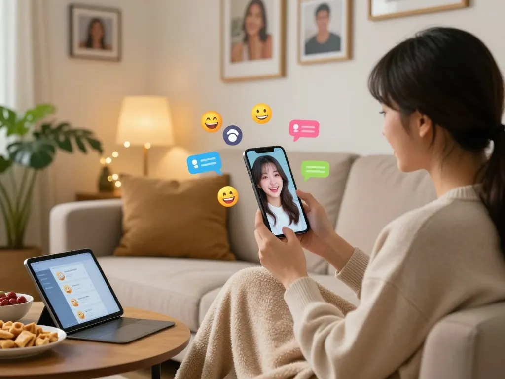 Engaging girlfriend AI experience on smartphone in cozy home environment with animated interaction.