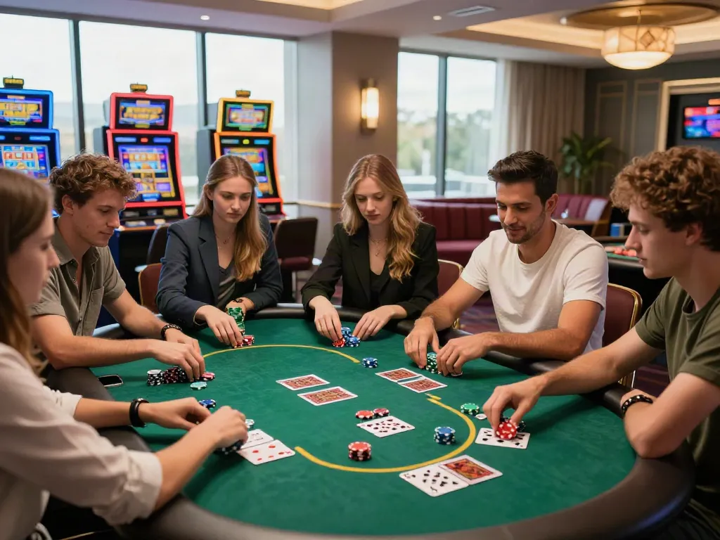 Exciting casino gaming scene at SV88, showcasing friends playing poker with vibrant atmosphere.