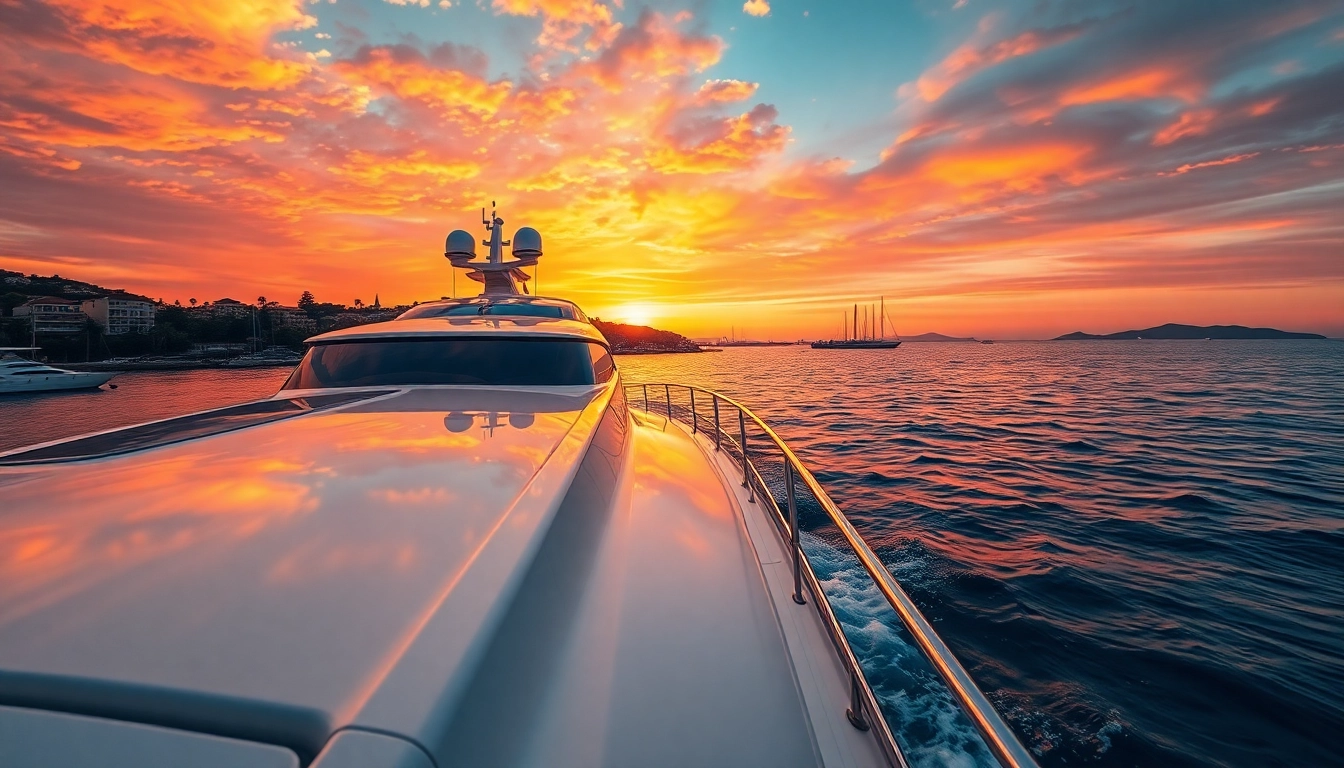 Genießen Sie die Mega Lüfer Yachts in einem atemberaubenden Sonnenuntergang über klaren Gewässern.