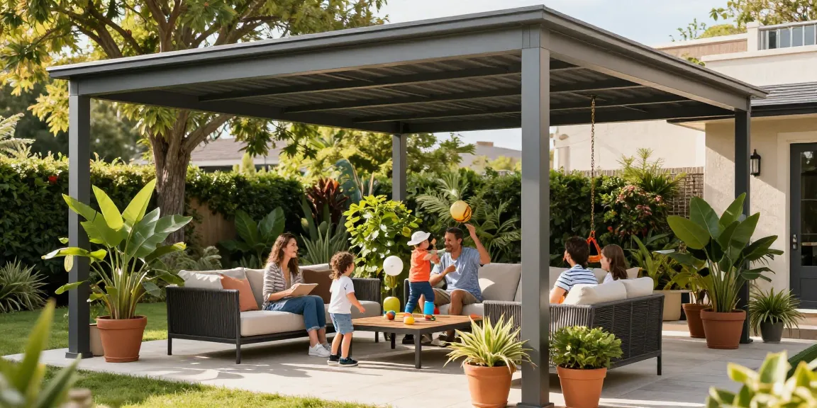 Moderne Terrassenüberdachung mit Familie im Garten, gemütliche Atmosphäre und entspannte Stimmung