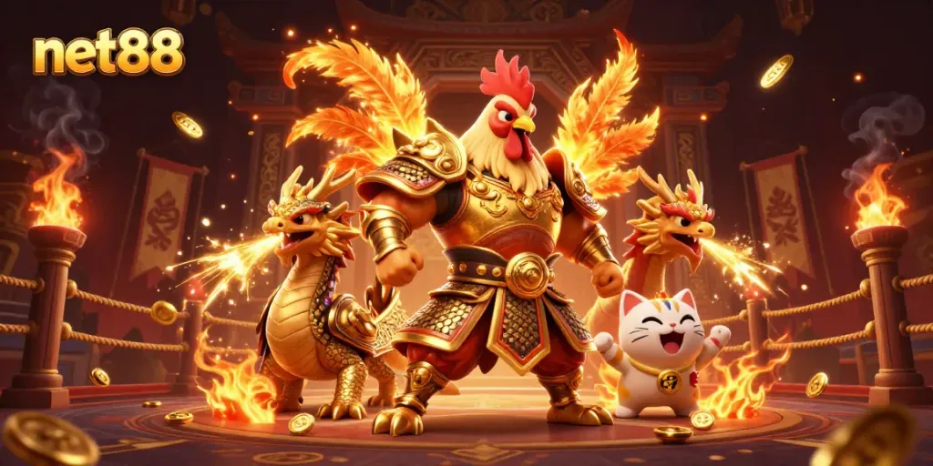 Experience thrilling bets at net88 with the dynamic fighting rooster and dragon cameo in a rich 3D gaming scene.
