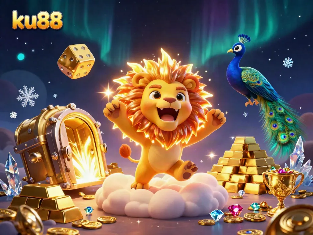 Experience the thrill of ku88 with a roaring lion and shimmering treasures in a vibrant casino adventure.