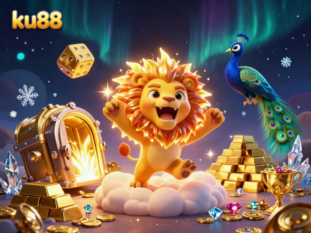 Experience the thrill of ku88 with a roaring lion and shimmering treasures in a vibrant casino adventure.