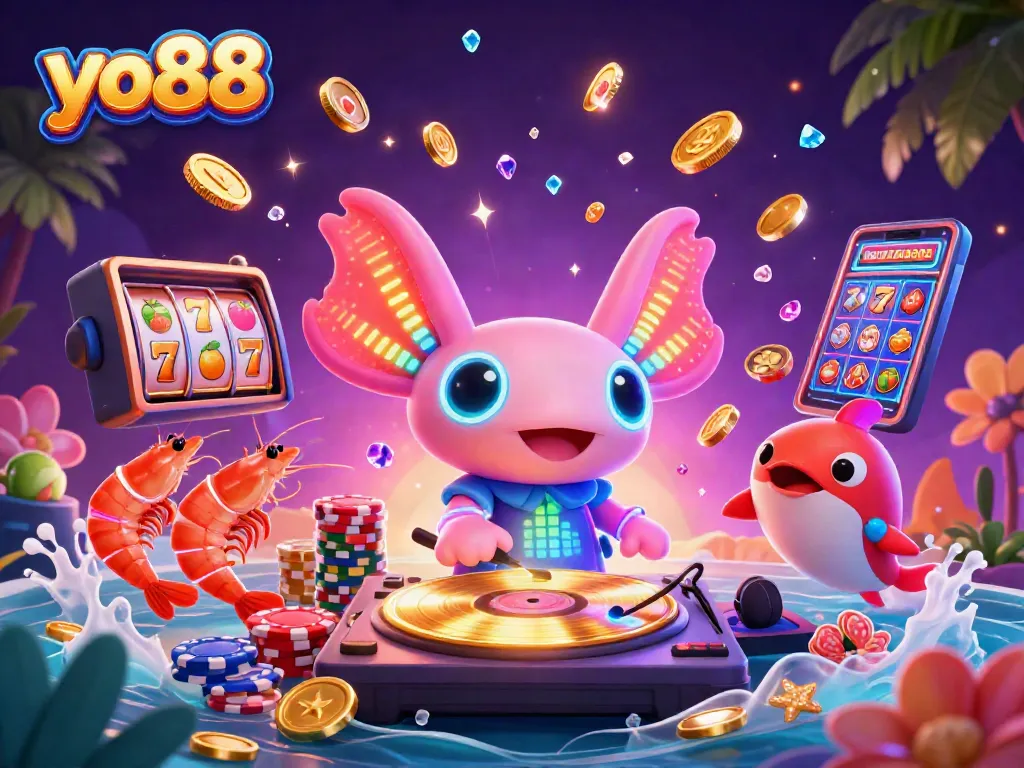 Engage in thrilling slot action with yo88, featuring vibrant characters and shining casino elements.