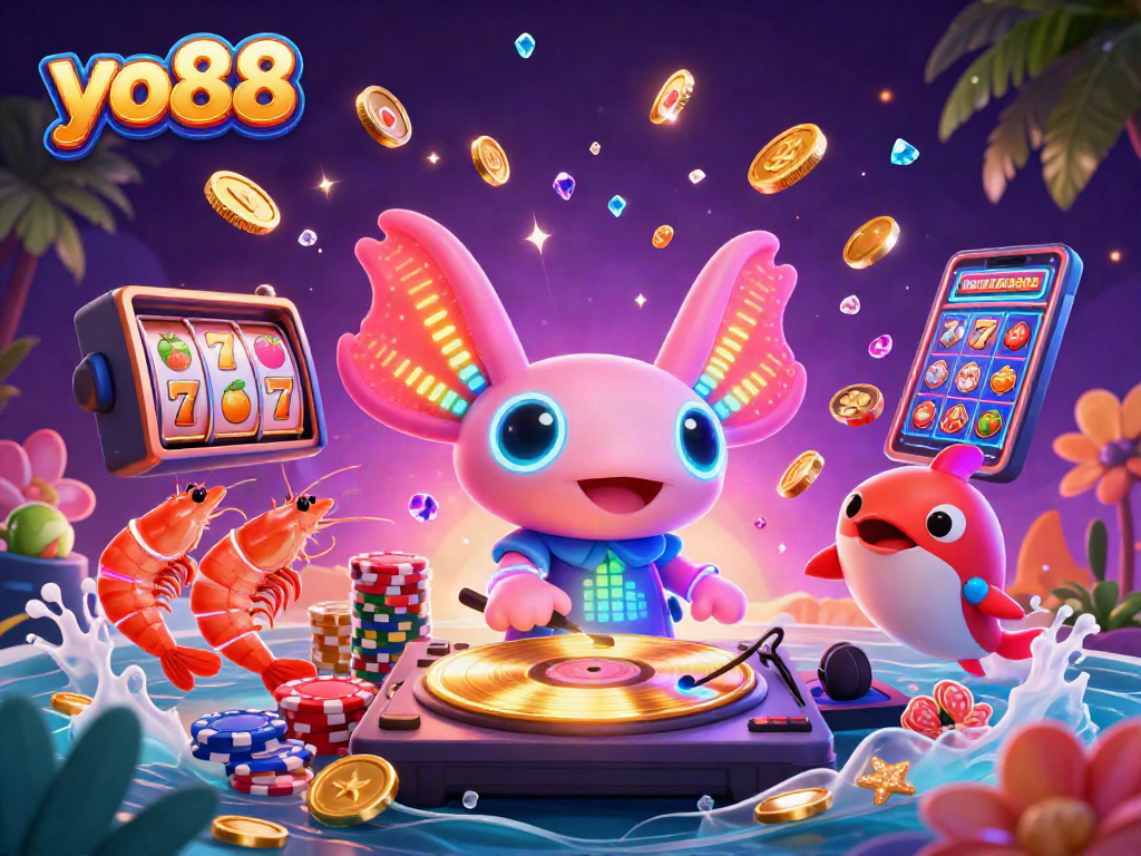 Engage in thrilling slot action with yo88, featuring vibrant characters and shining casino elements.