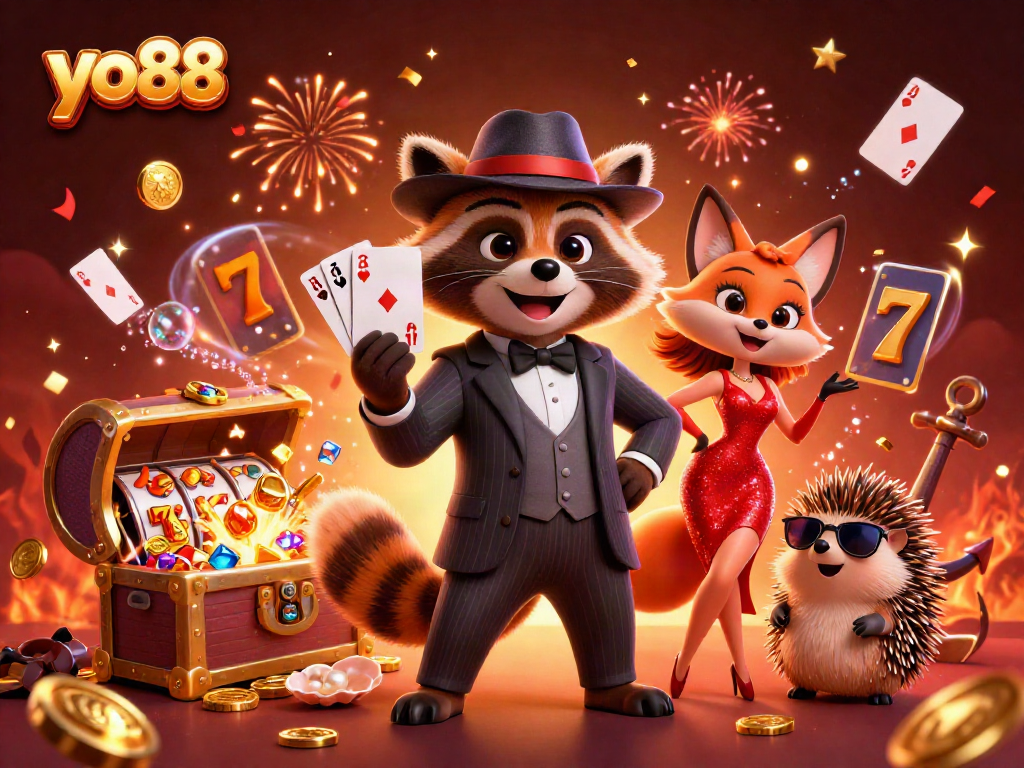 Experience excitement in yo88 with a stylish raccoon, red-dress fox, and hedgehog bouncer amidst casino treasures.