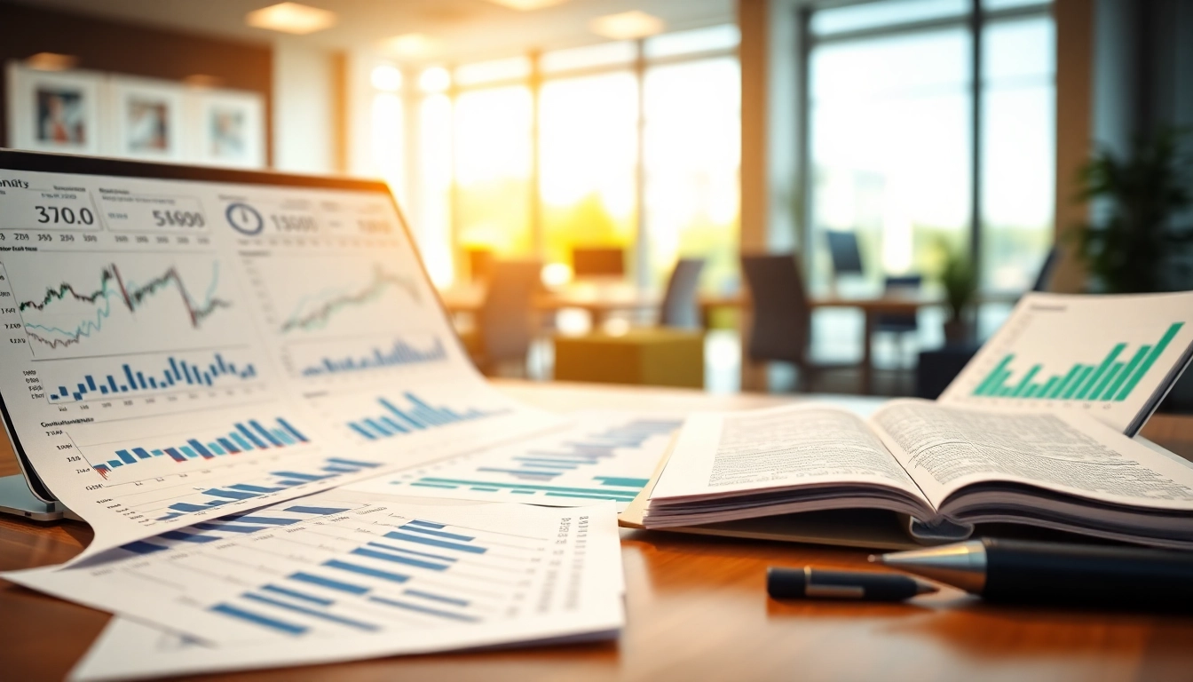 Muster Aktien Analyse durch einen Finanzanalysten am modernen Schreibtisch mit Diagrammen und Grafiken.