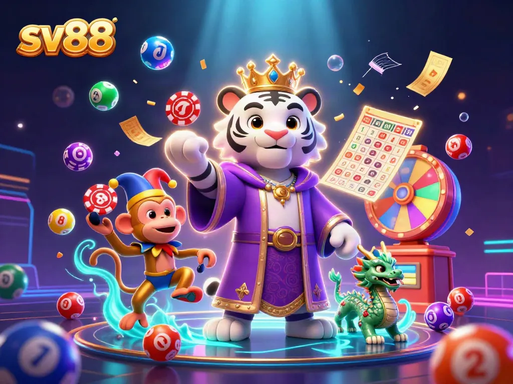 Experience the excitement of sv88 with a vibrant illustration featuring a royal tiger, jester monkey, and lottery elements.