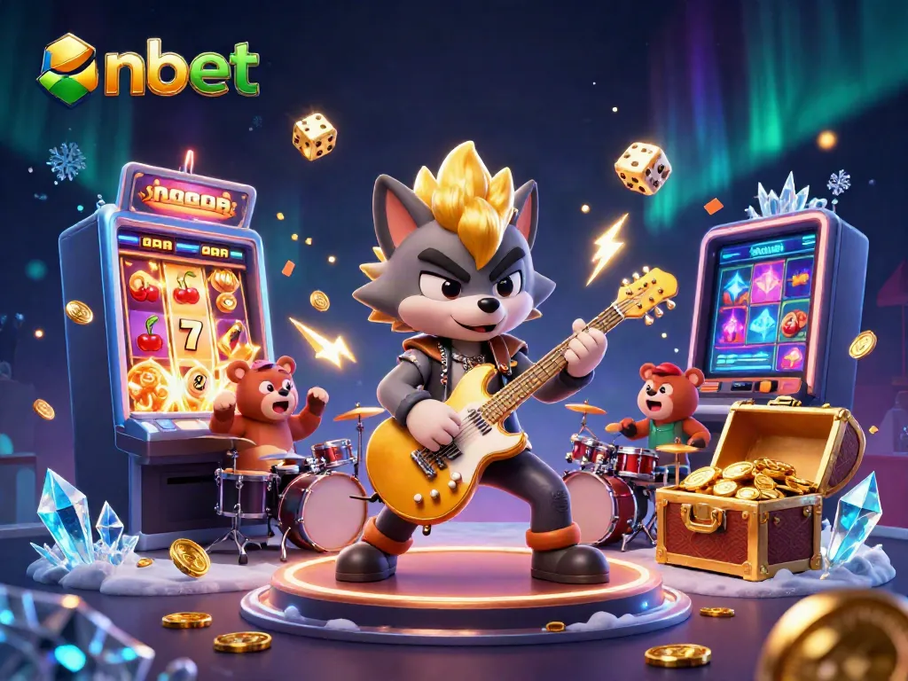 NBet online casino scene showcasing a rock star wolf and drummer bear amidst dynamic gaming elements.