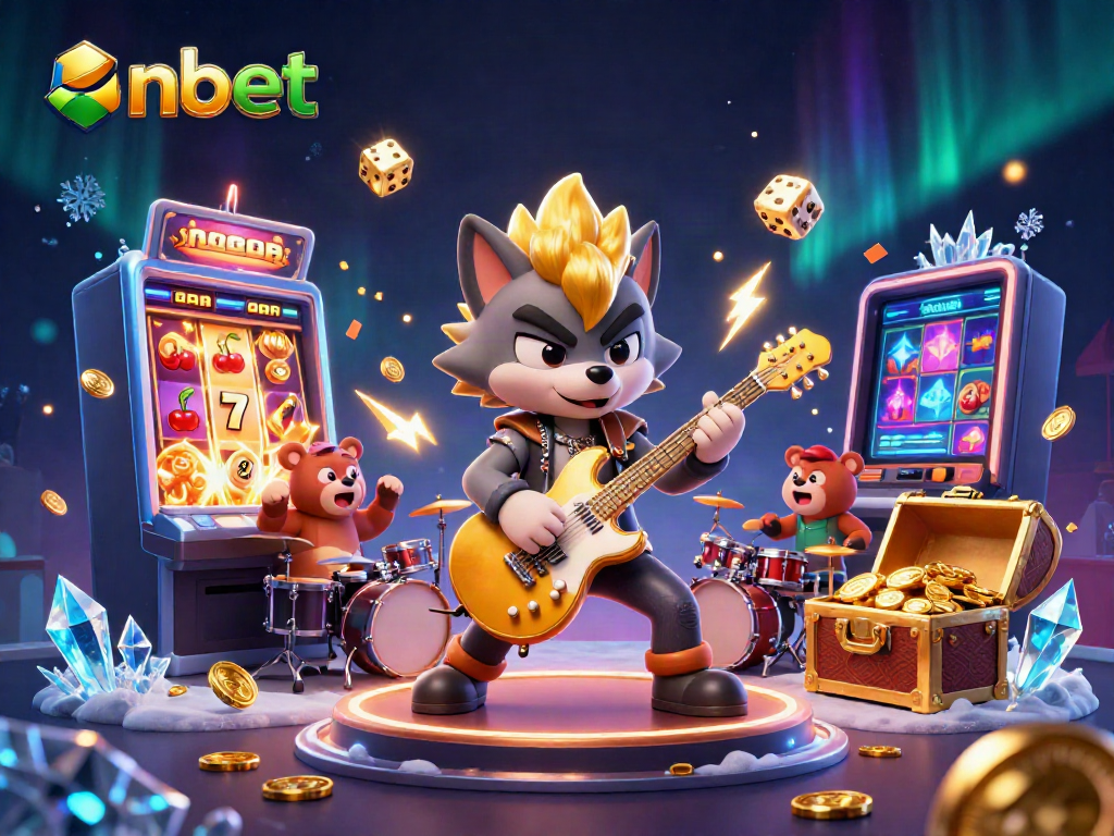 NBet online casino scene showcasing a rock star wolf and drummer bear amidst dynamic gaming elements.