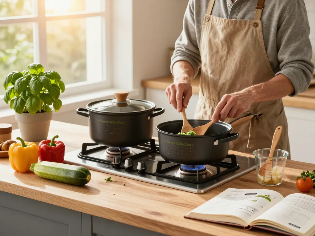 Die Zubereitung einer köstlichen Mahlzeit mit dem besten Kochtopf für Induktion in einer gemütlichen Kücheneinstellung während der goldenen Stunde.