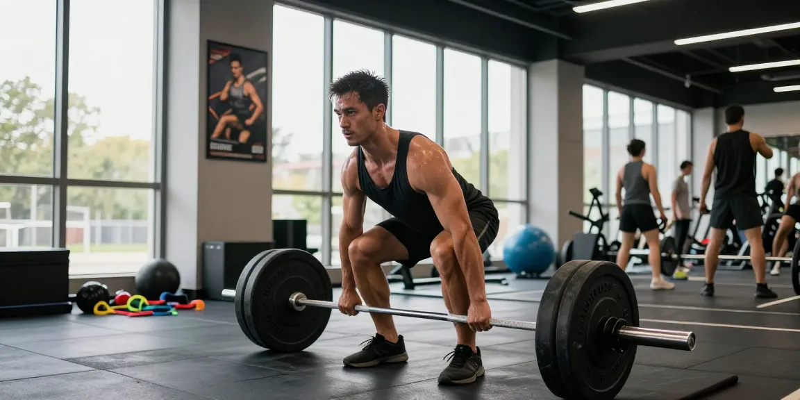 Starker Bodybuilder hebt Gewichte im Steroidshop, um Muskeln aufzubauen