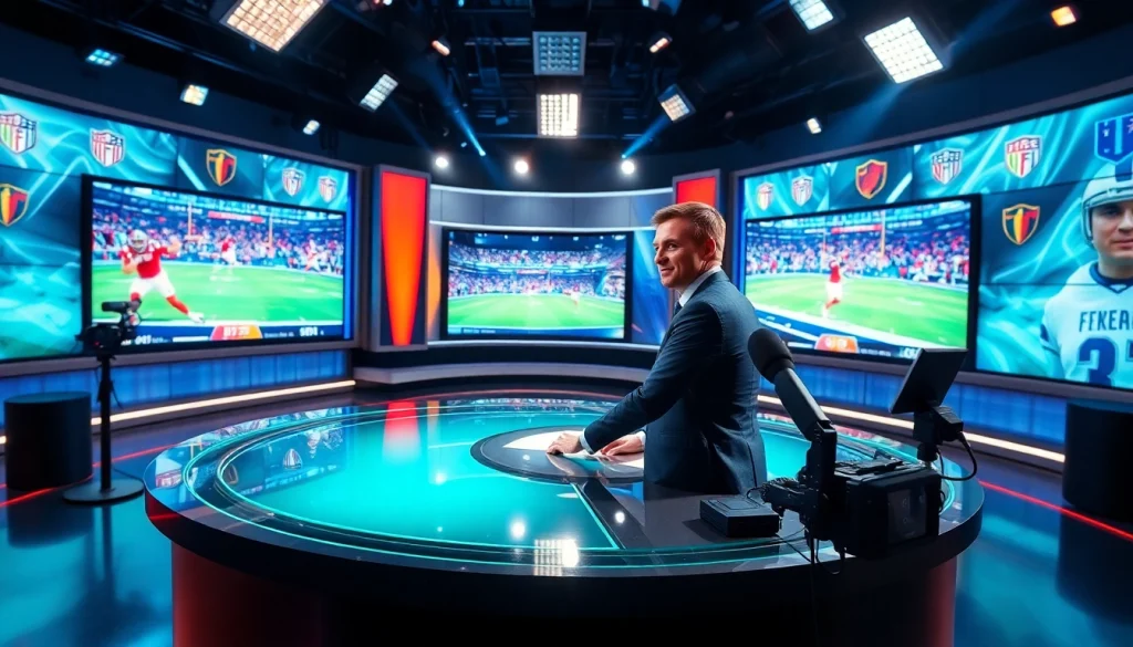 Engaging scene of sports broadcasting with a host in a vibrant studio setting, featuring dynamic visuals.