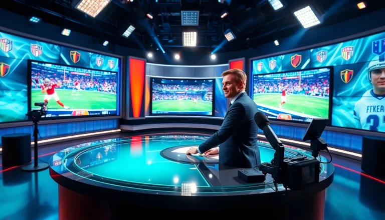 Engaging scene of sports broadcasting with a host in a vibrant studio setting, featuring dynamic visuals.