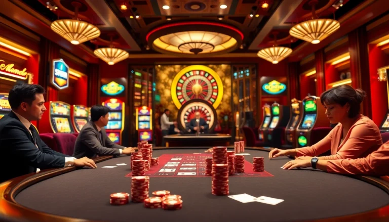 Experience thrilling game bài đổi thưởng action with professional players and elegant casino settings.