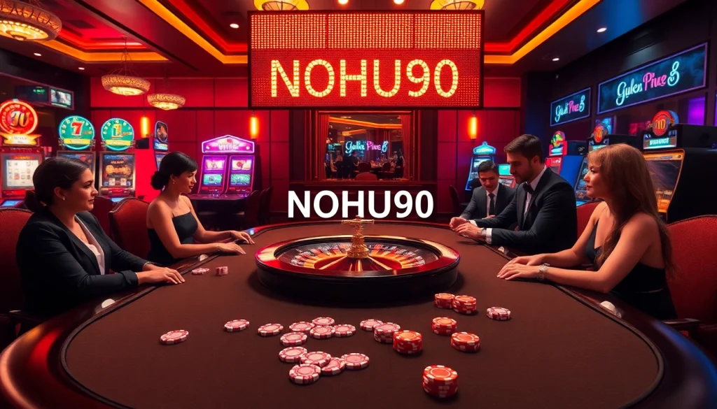 Players enjoying a high-stakes poker game at NOHU90, surrounded by vibrant casino elements.
