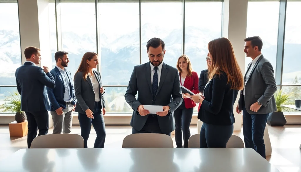 Professioneller Headhunter Schweiz arbeitet in einem modernen Büro mit Blick auf die Alpen.