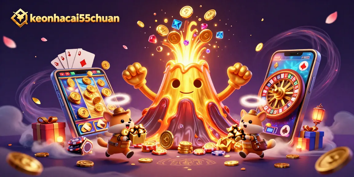 Win big with keonhacai55chuan as a golden volcano erupts coins and treasures in a vibrant casino adventure.