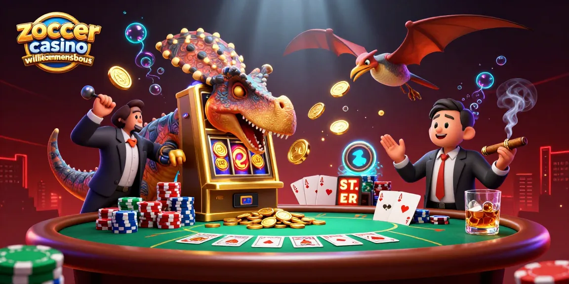 Zoccer Casino Willkommensbonus: Pachycephalosaurus und Casinosymbolik im 3D-Stil