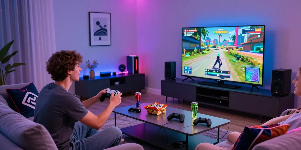 เพื่อนสองคนสนุกสนานกับการเล่น playme8 ในห้องนั่งเล่นที่ทันสมัย